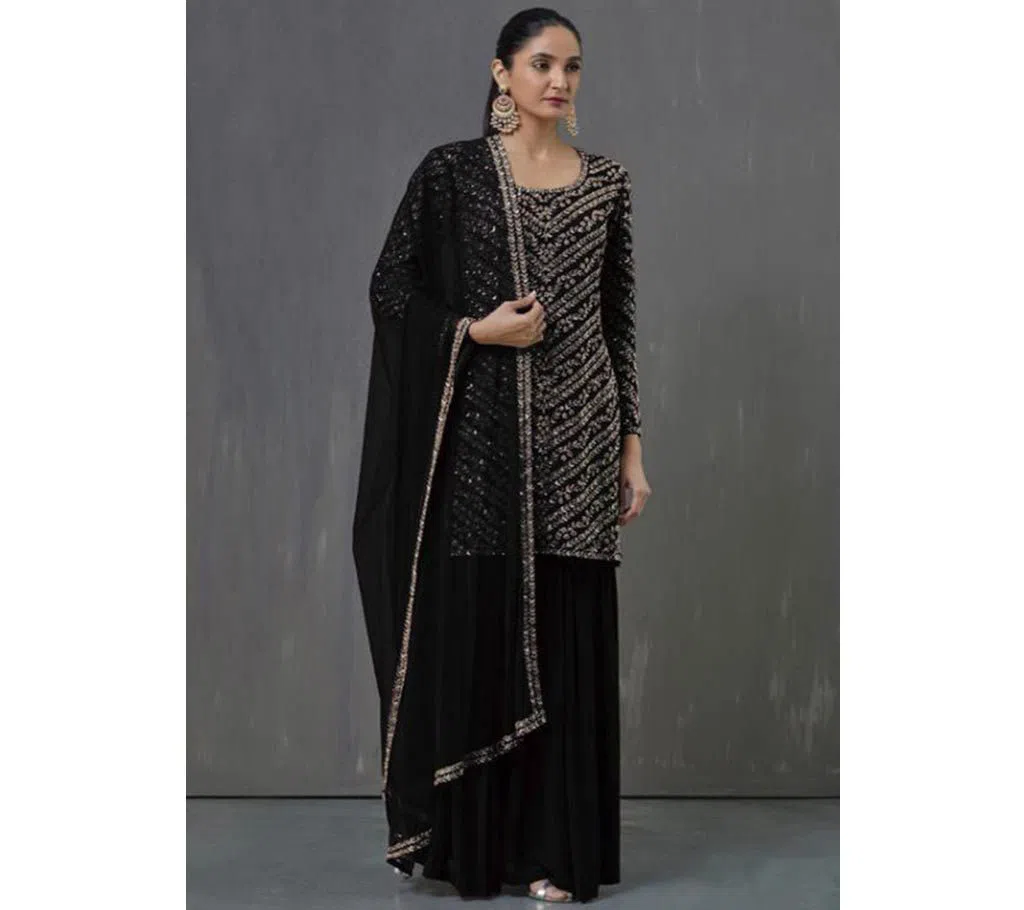 Georgette Embroidery Sharara Suit In Black Colour