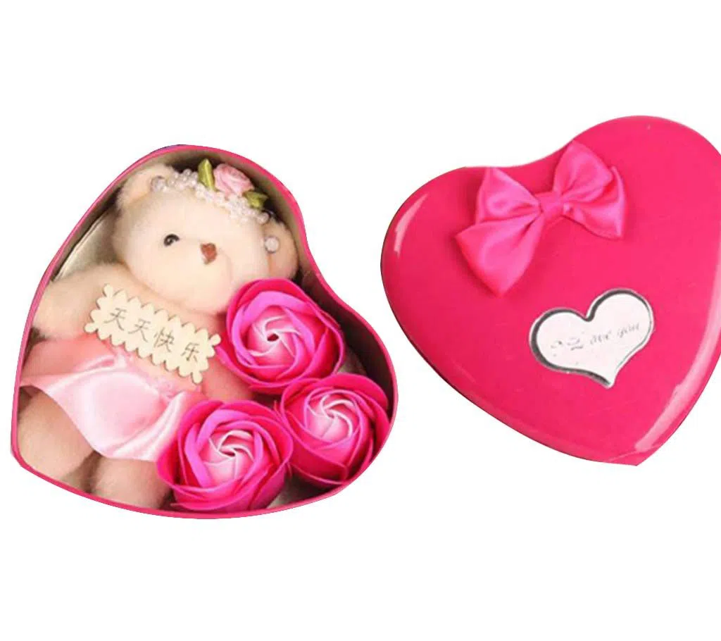 Valentine Day Love Gift -Heart Shape Gift Box (Flowers With Soft Teddy)