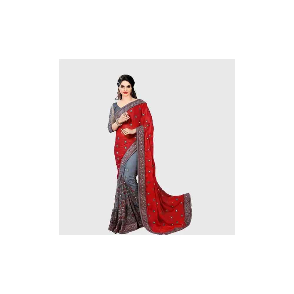 Marron and Ash Colour Heavy Embroidery Work Georgette Saree With Blouse Piece
