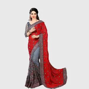 Marron and Ash Colour Heavy Embroidery Work Georgette Saree With Blouse Piece