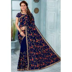 Navy Blue Colour Heavy Embroidery Work Georgette Saree With Blouse Piece