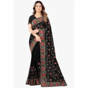 Black Colour Heavy Embroidery Work Georgette Saree With Blouse Piece