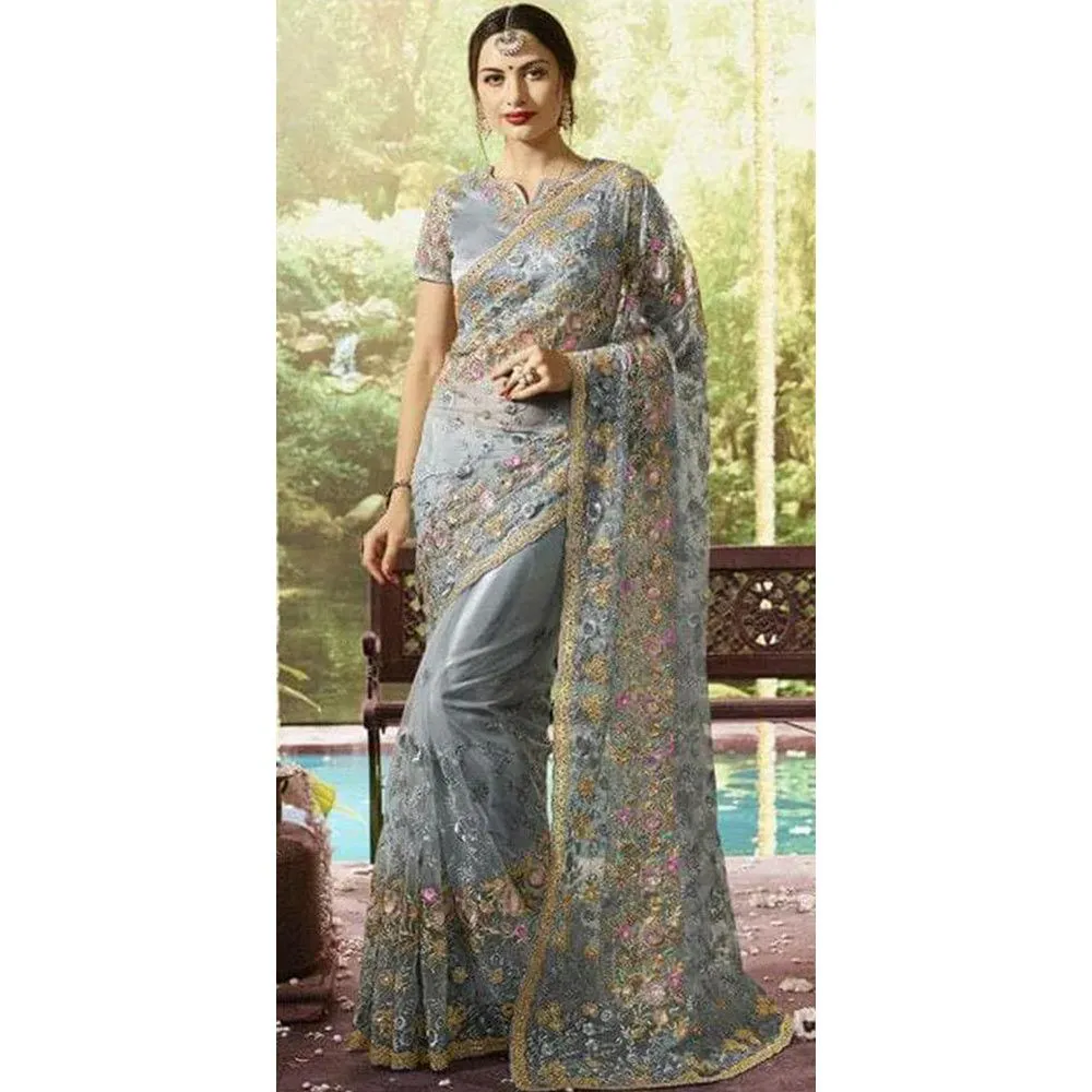 Ash Colour Heavy Embroidery Work Georgette Saree With Blouse Piece