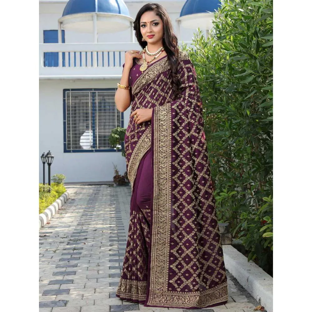Purple Colour Heavy Embroidery Work Georgette Saree With Blouse Piece
