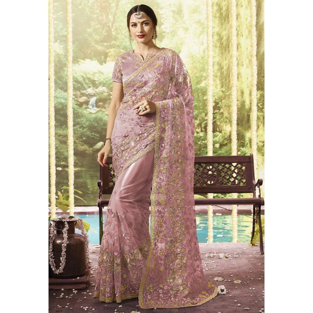 Onion Colour Heavy Embroidery Work Georgette Saree With Blouse Piece