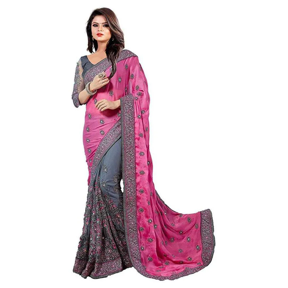 Pink &  Ash Colour Heavy Embroidery Work Georgette Saree With Blouse Piece