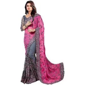Pink &  Ash Colour Heavy Embroidery Work Georgette Saree With Blouse Piece