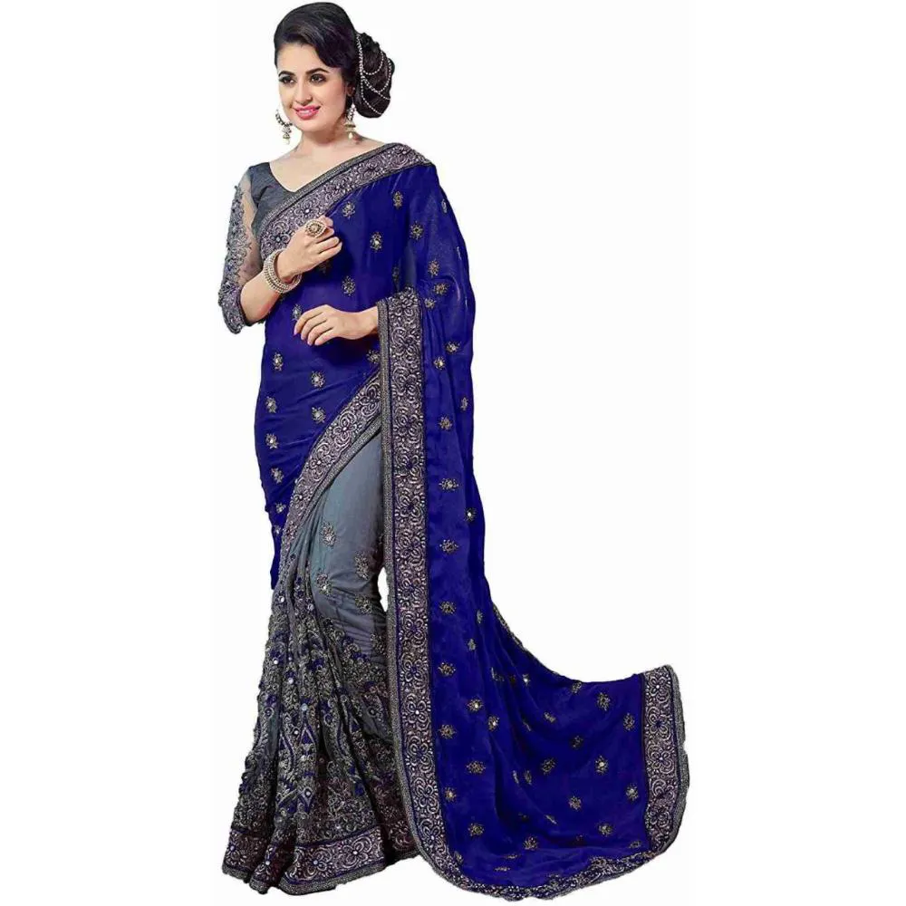 Blue & Ash Colour Heavy Embroidery Work Georgette Saree With Blouse Piece
