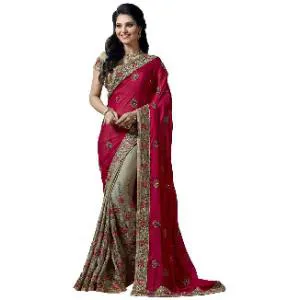 Maroon and Ash Colour Heavy Embroidery Work Georgette Saree With Blouse Piece