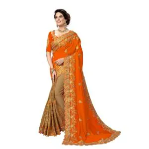 Orange & Golden Colour Heavy Embroidery Work Georgette Saree With Blouse Piece