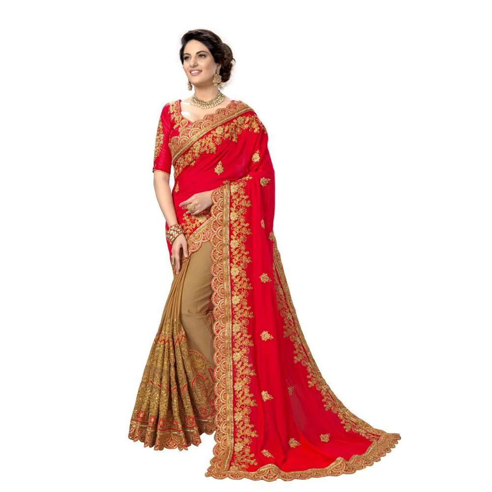 Red & Golden Colour Heavy Embroidery Work Georgette Saree With Blouse Piece