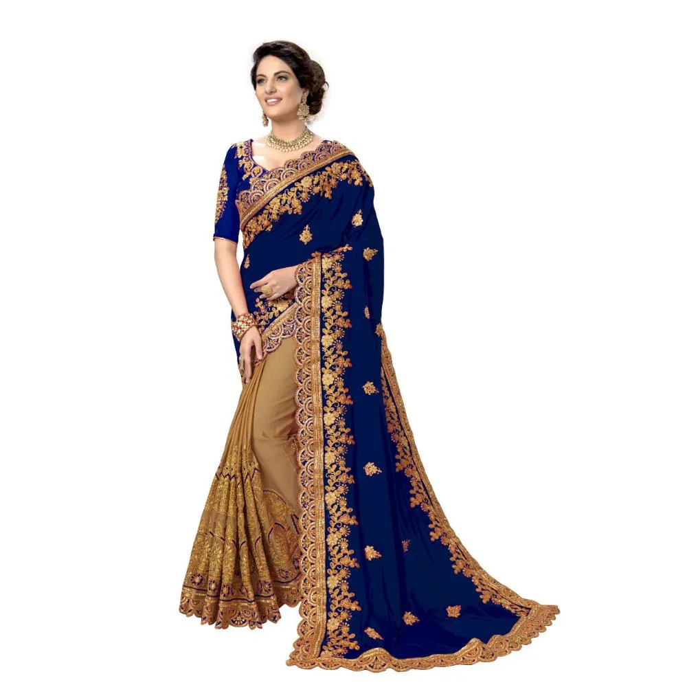 Blue & Golden Colour Heavy Embroidery Work Georgette Saree With Blouse Piece