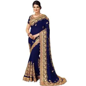 Blue Colour Heavy Embroidery Work Georgette Saree With Blouse Piece