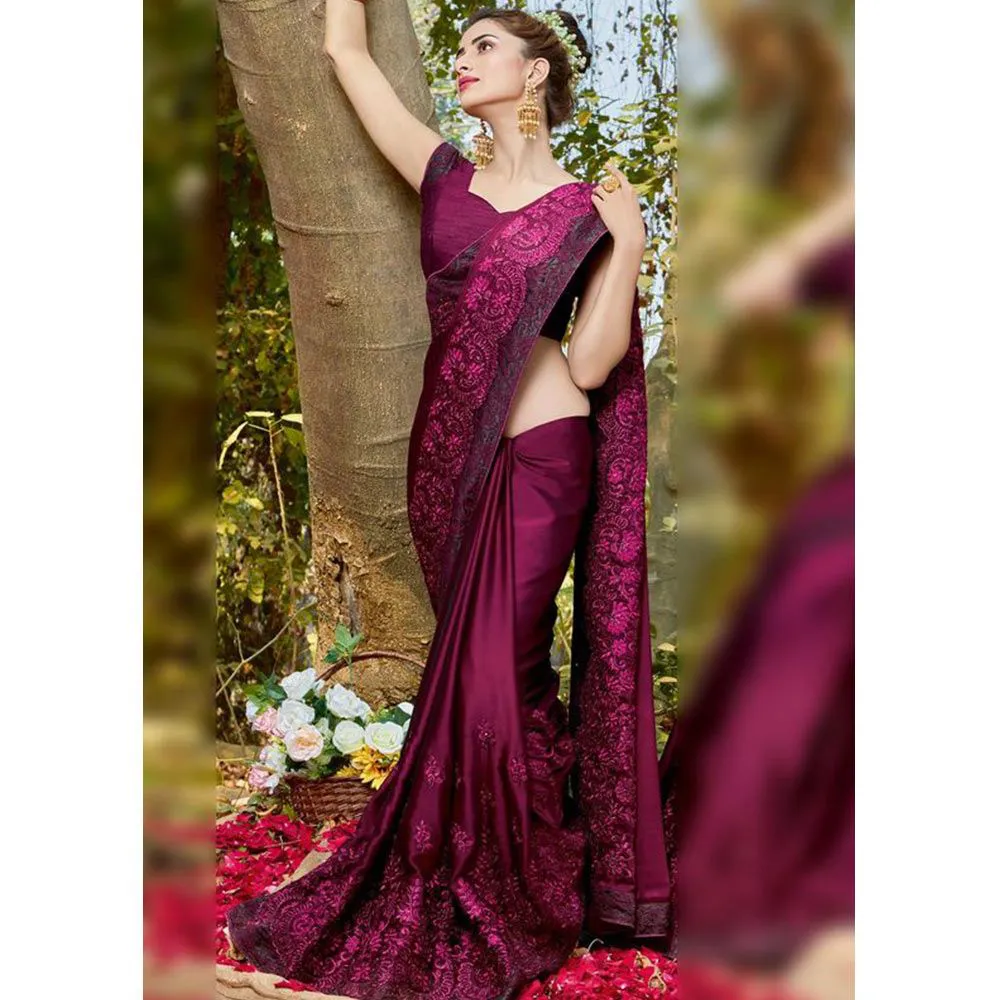 Magenta Colour Heavy Embroidery Work Georgette Saree With Blouse Piece