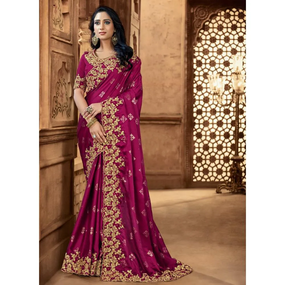Magenta Colour Heavy Embroidery Work Japanese Silk Saree With Blouse Piece