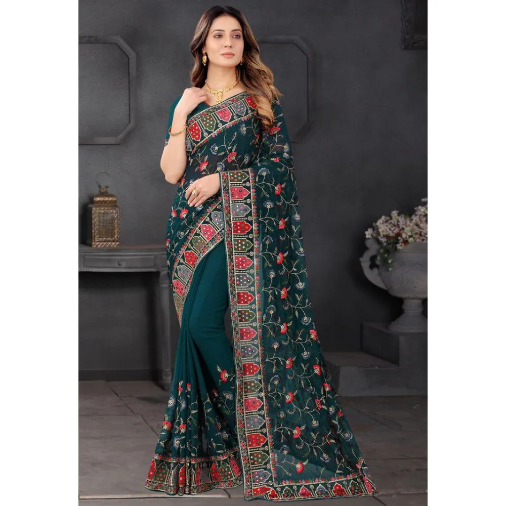 Sea Green Colour Heavy Embroidery Work Georgette Saree With Blouse Piece