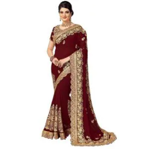 Maroon Colour Heavy Embroidery Work Georgette Saree With Blouse Piece