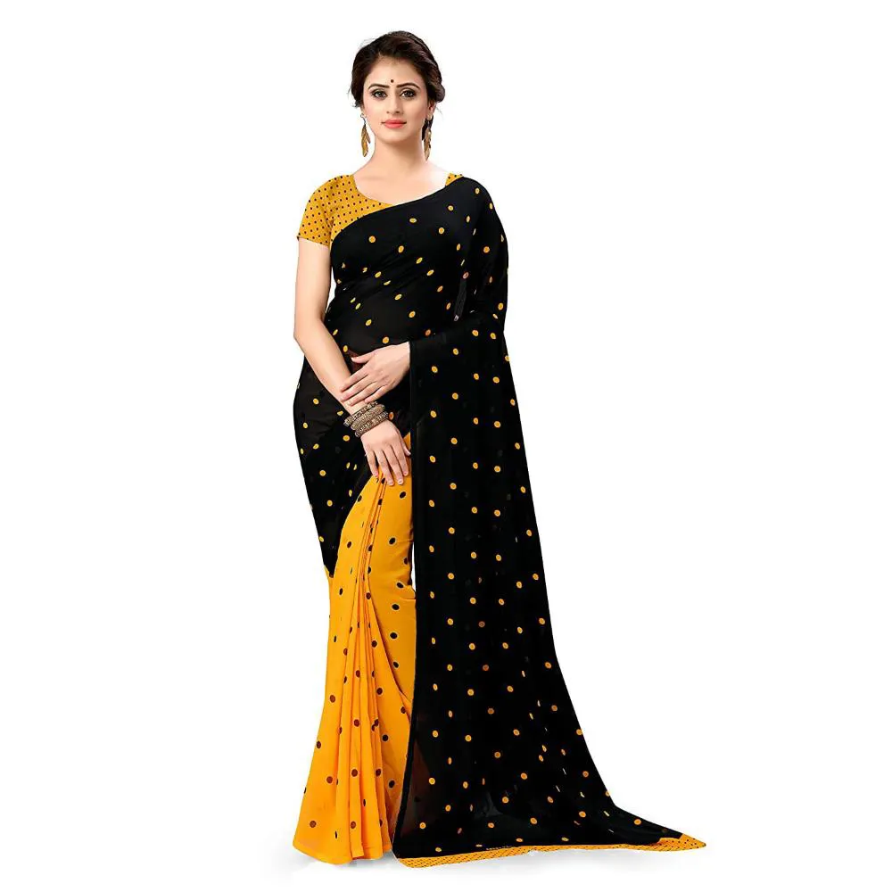 Black & Yellow Colour Heavy Embroidery Work Georgette Saree With Blouse Piece