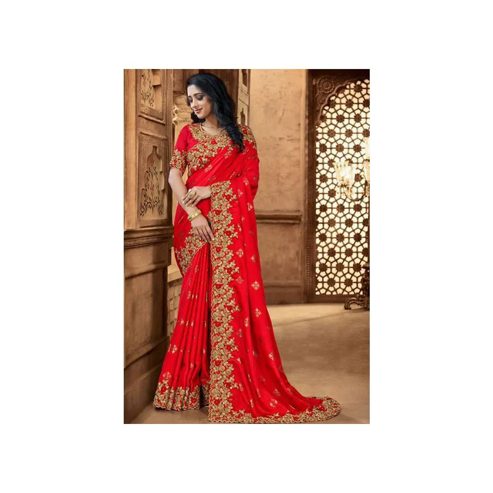 Red Colour Heavy Embroidery Work Japanese Silk Saree With Blouse Piece