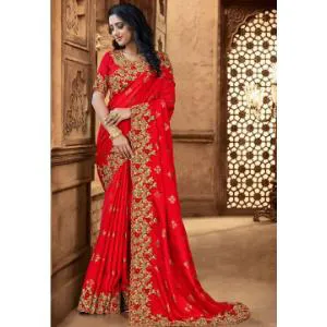Red Colour Heavy Embroidery Work Japanese Silk Saree With Blouse Piece