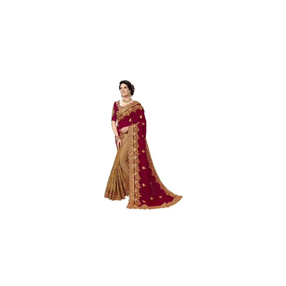 Maroon and Golden Colour Heavy Embroidery Work Georgette Saree With Blouse Piece