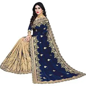 Blue & Golden Colour Heavy Embroidery Work Georgette Saree With Blouse Piece