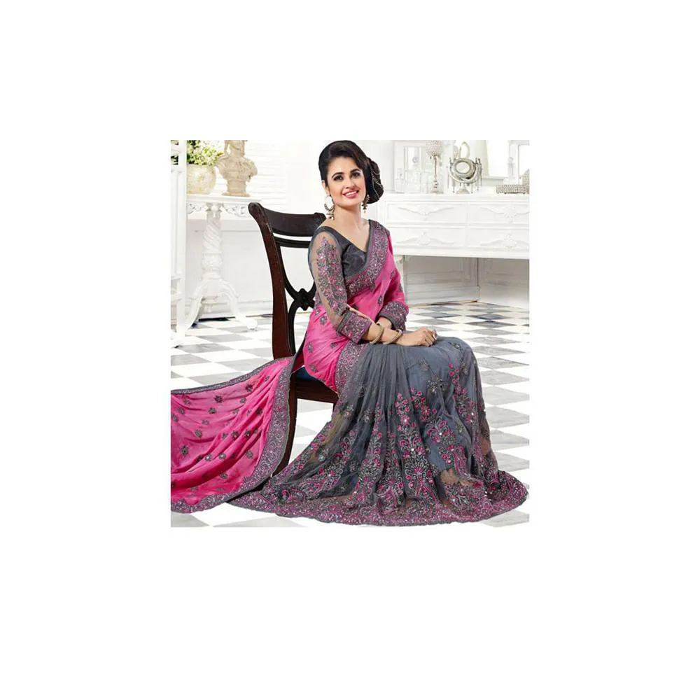 Misty & Ash Colour Heavy Embroidery Work Georgette Saree With Blouse Piece