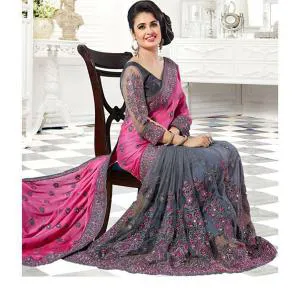 Misty & Ash Colour Heavy Embroidery Work Georgette Saree With Blouse Piece