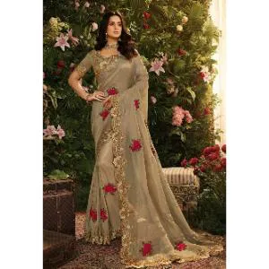 Golden Colour Heavy Embroidery Work Chinigura Silk Saree With Blouse Piece