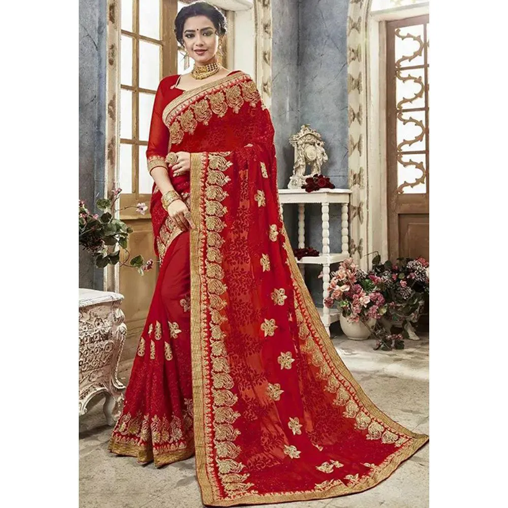 Red Colour Heavy Embroidery Work Georgette Saree With Blouse Piece