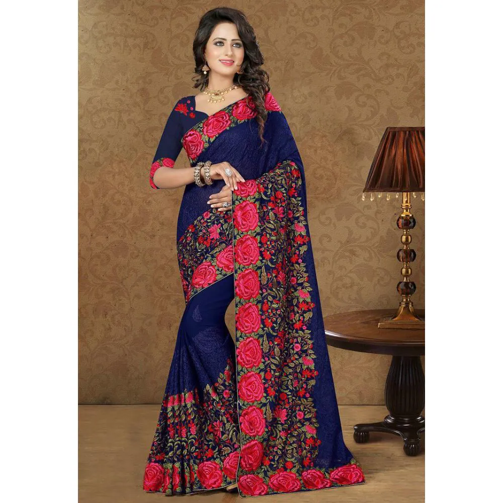 Blue Colour Heavy Embroidery Work Georgette Saree With Blouse Piece