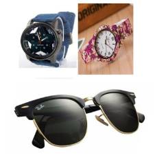 Fastrack Gents Watch + Floral Print Ladies Watch + Ray Ban Sunglasses for Men (Replica) Combo Offer