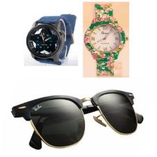 Fastrack Gents Watch + Floral Print Ladies Watch + Ray Ban Sunglasses for Men (Replica) Combo Offer
