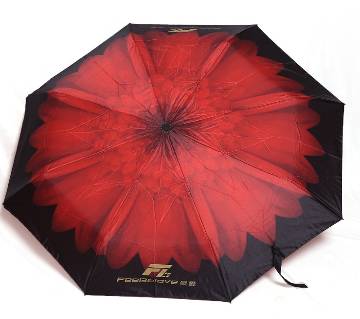 3D Flower Print Umbrella with Torch Light - Red & Black