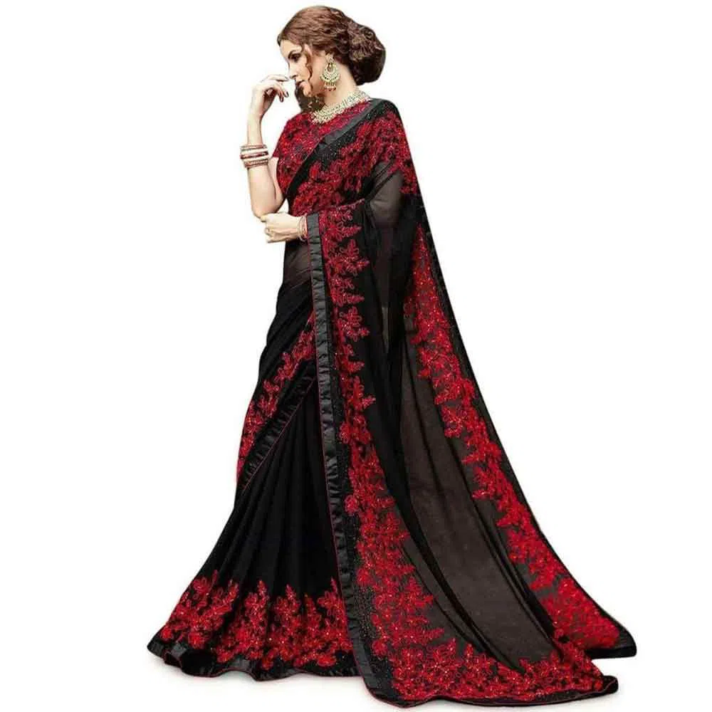 Black & Red Soft Georgette Exclusive Design Saree for Women