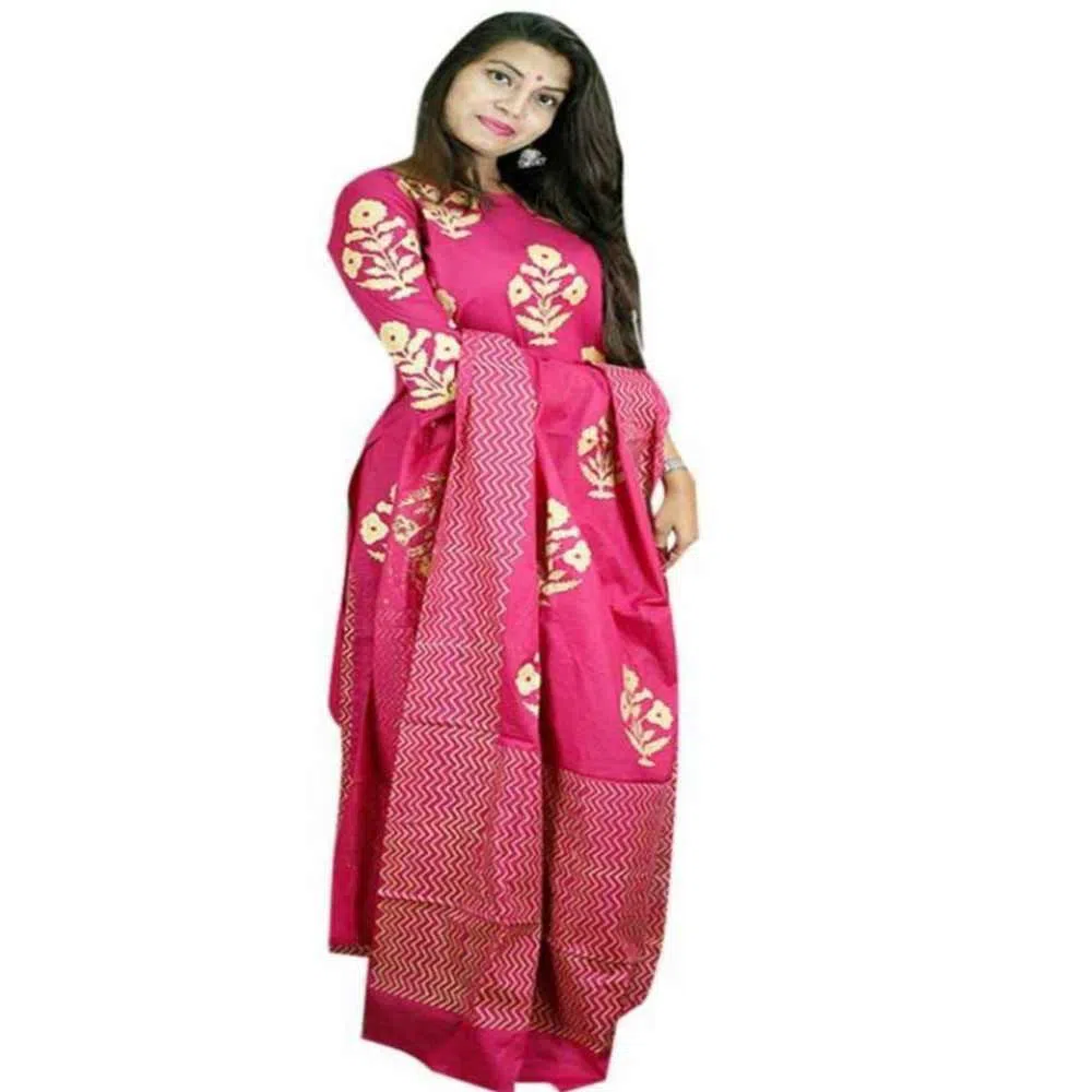 Block Printed With Suti Orna Unstitched Dress For Women