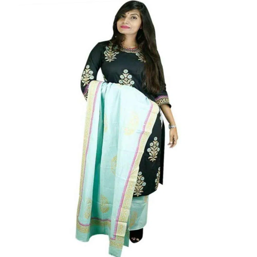 Block Printed With Suti Orna Unstitched Dress For Women