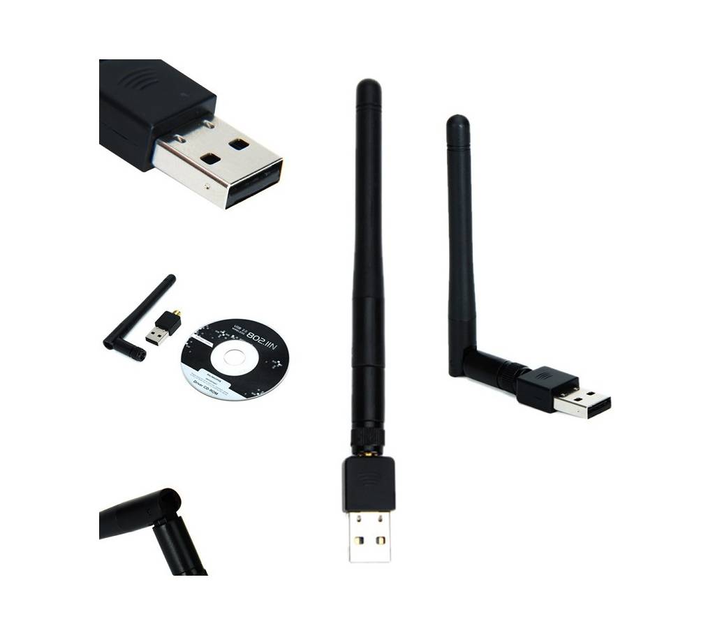 150Mbps Mini USB 2.0 Port ওয়্যারলেস ওয়াইফাই এডাপ্টার 802.IIN With Antenna - কালো বাংলাদেশ - 843740