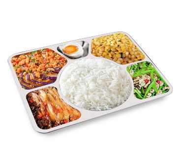 2 pcs Stainless Steel 6 Compartment Rectangular Dinner Plates, Serving Divided Plates-Silver,15.5 Inch (39.5 cm),Pack of 2