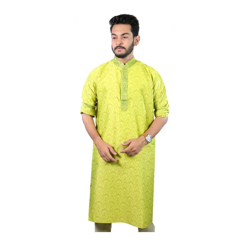 Semi Long Cotton Punjabi - Yellow All Over Print 