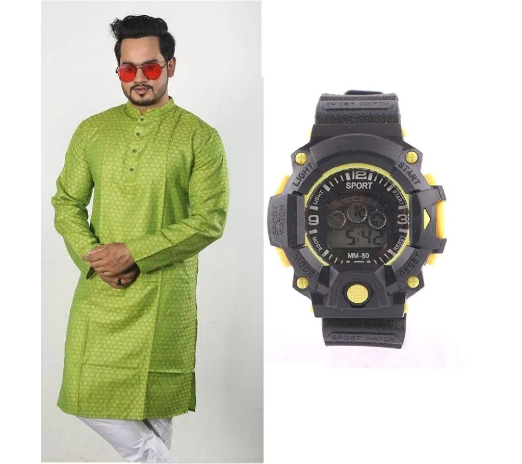 Green Semi Long Punjabi + Kids Digital Watch