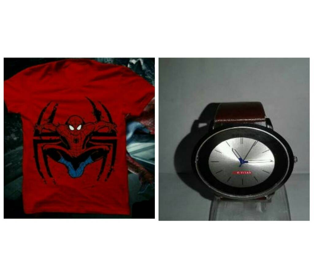 Spiderman মেনজ টি-শার্ট ও TITAN কপি জেন্টস ওয়াচ কম্বো বাংলাদেশ - 711111