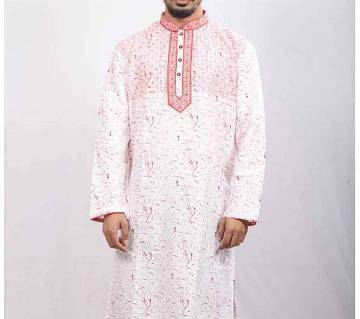 White and Red Printed Cotton Panjabi For Men