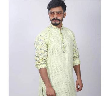 Yellow Printed Cotton Panjabi For Men