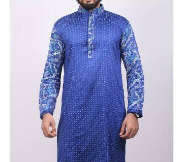 Blue Printed Cotton Panjabi For Men