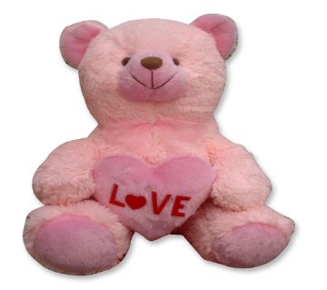 Pink color Teddy bear with red heart and the text "Love"