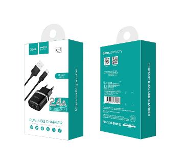 C12 Smart EU plug double USB charging adapter, Black.