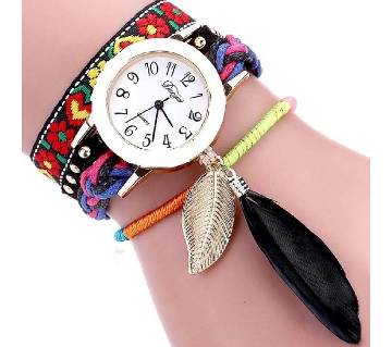 Ladies leaf design artificial leather wrist watch