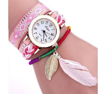 Ladies leaf design artificial leather wrist watch