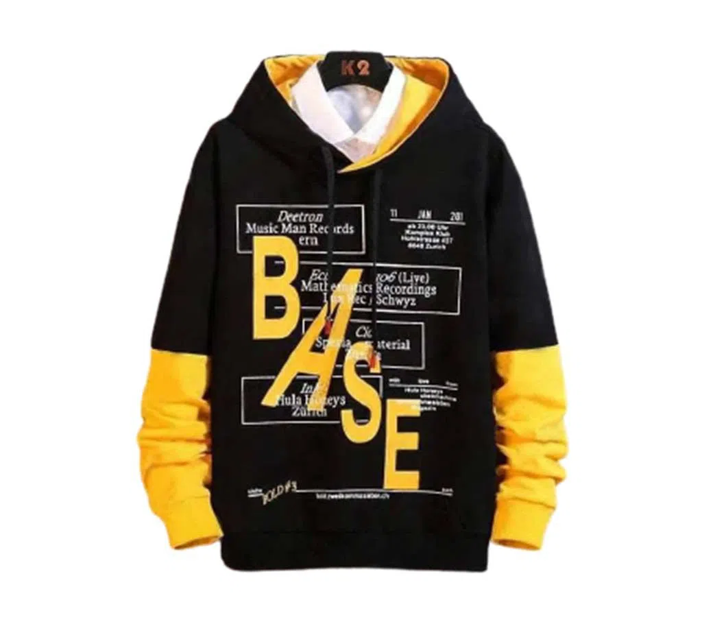 Base Printed Cotton hoodie for men-Black and yellow 
